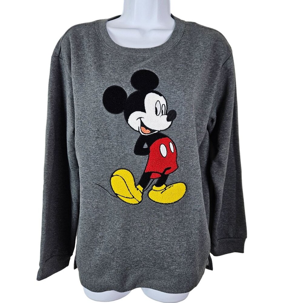 Disney Mickey Mouse Womens Charcoal Gray Crewneck Sweatshirt Size Large Chenille